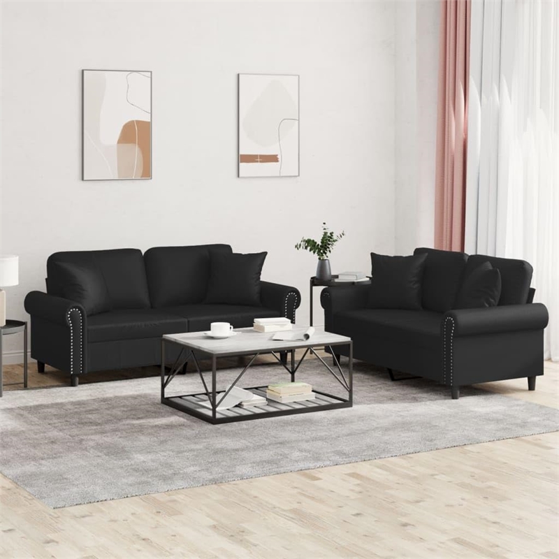 Bowery Hill Contemporary 2-Seater Durable Sofa Set in Black Faux Leather