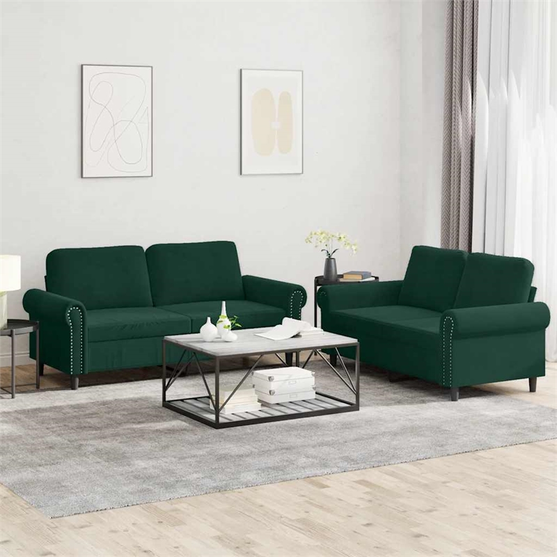 Bowery Hill Contemporary Velvet Sofa Set in Dark Green Finish
