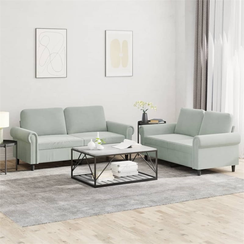 Bowery Hill Contemporary 2 Piece Sofa Set in Light Gray Velvet