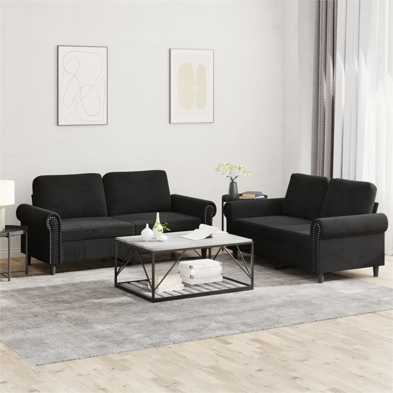 Bowery Hill Contemporary Durable Sofa Set in Black Finish Velvet