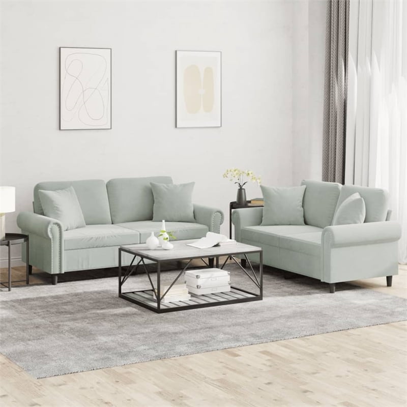 Bowery Hill Contemporary 2-Seater Metal Sofa Set in Light Grey Velvet