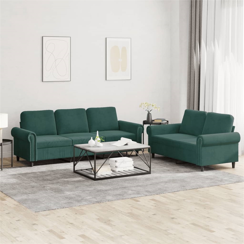 Bowery Hill Contemporary Velvet Sofa Set in Dark Green Finish