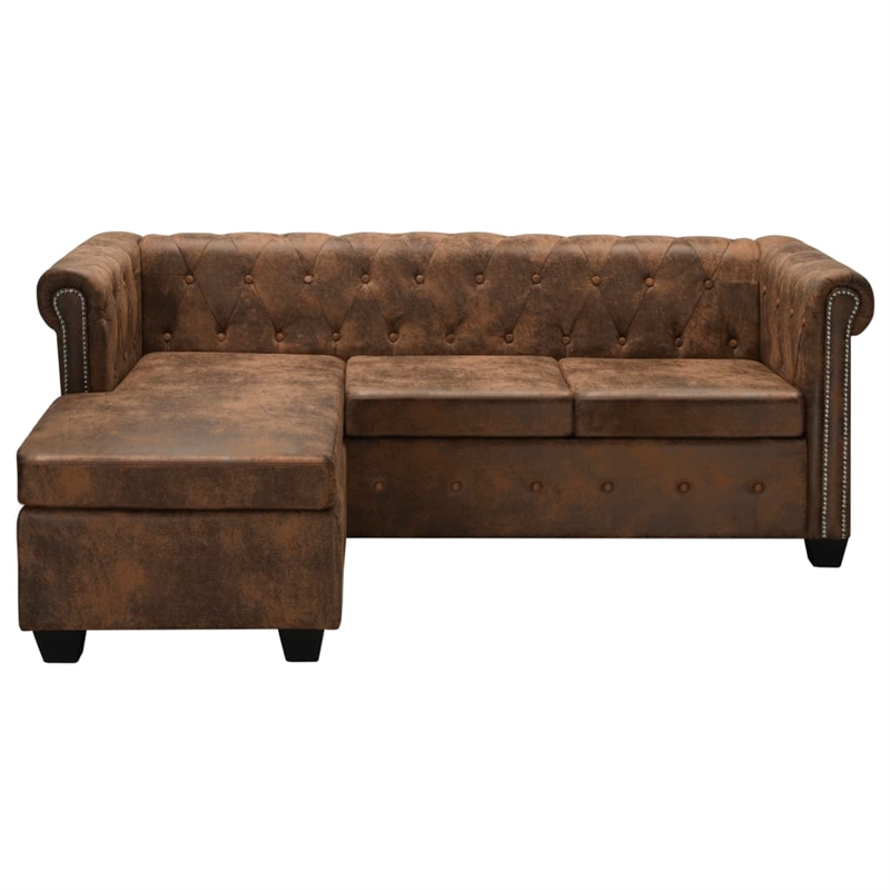 Bowery Hill Contemporary Large Wood Sofa in Brown Faux Leather