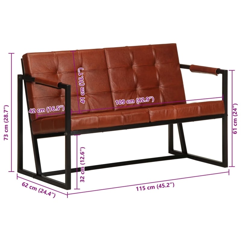 Bowery Hill Contemporary Durable Sofa in Brown Real Goat Leather