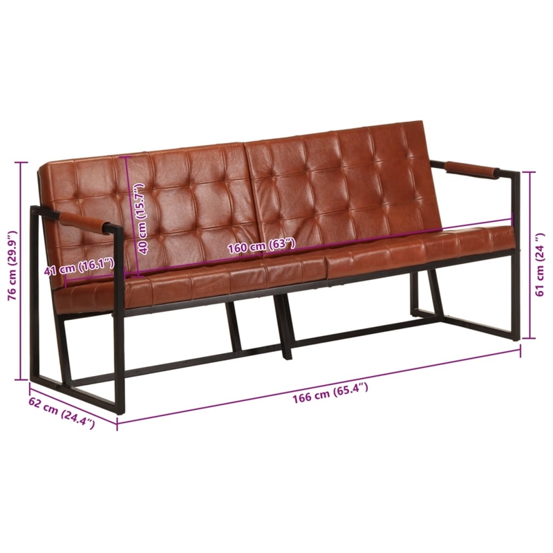 Bowery Hill Contemporary Meatal 3-Seater Sofa Brown in Goat Leather