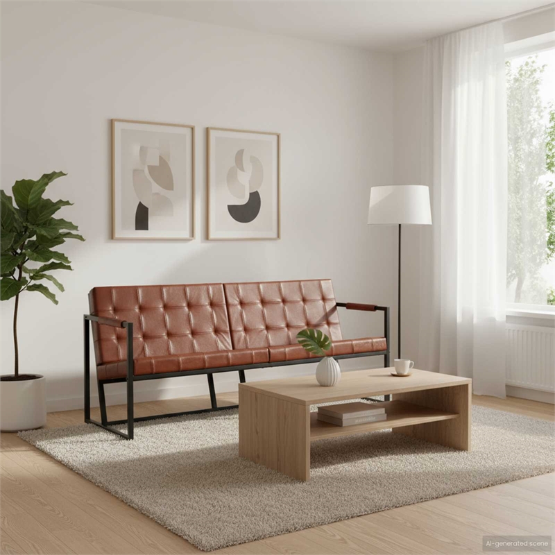 Bowery Hill Contemporary Meatal 3-Seater Sofa Brown in Goat Leather