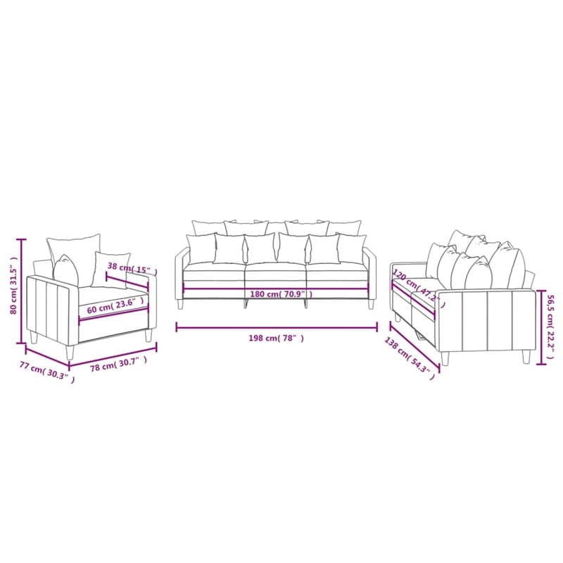 Bowery Hill Contemporary 3Piece Sofa Set in Light Gray Velvet