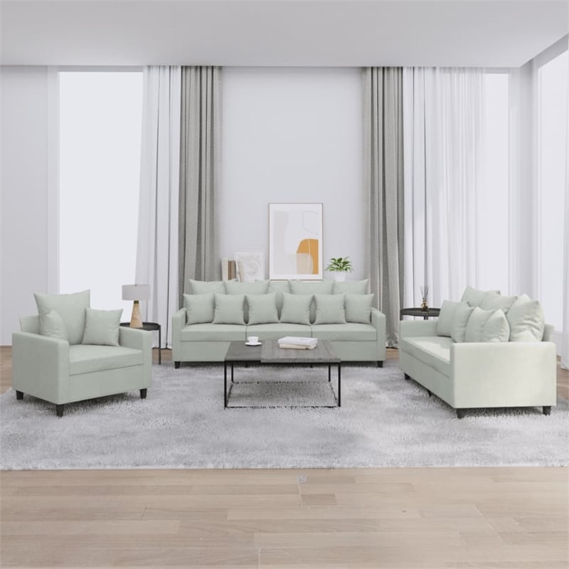 Bowery Hill Contemporary 3Piece Sofa Set in Light Gray Velvet