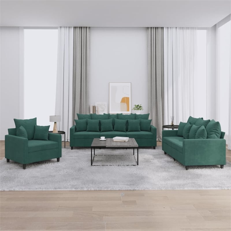 Bowery Hill Contemporary Medium Metal Sofa Set in Dark Green Velvet