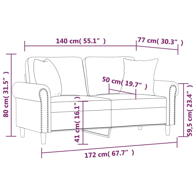 Bowery Hill Metal 2-Seater Sofa in Light Grey Polyester Velvet