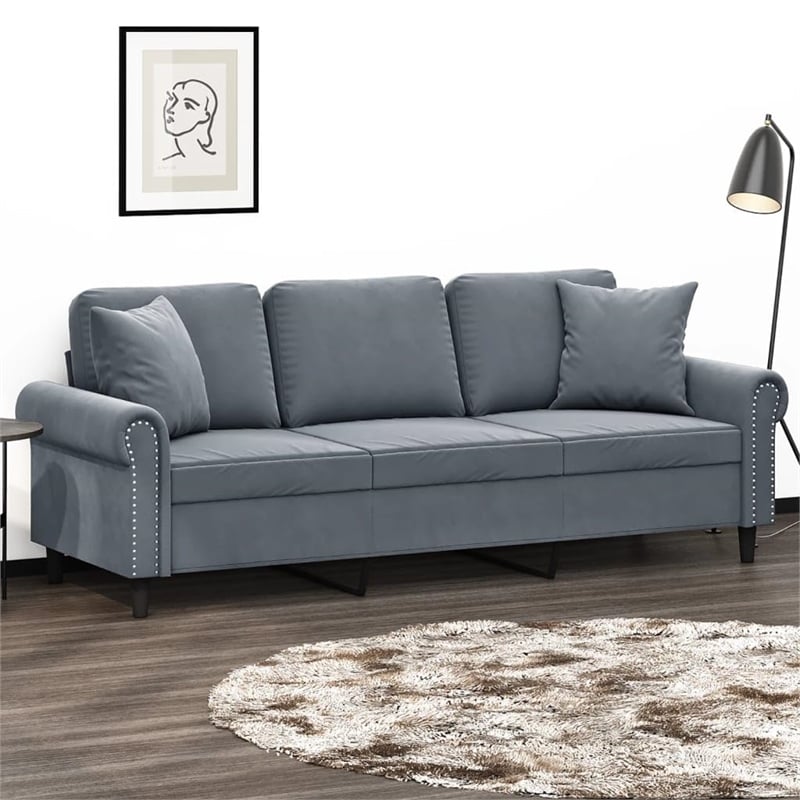 Bowery Hill Metal 3-Seater Sofa in Dark Grey Polyester Velvet