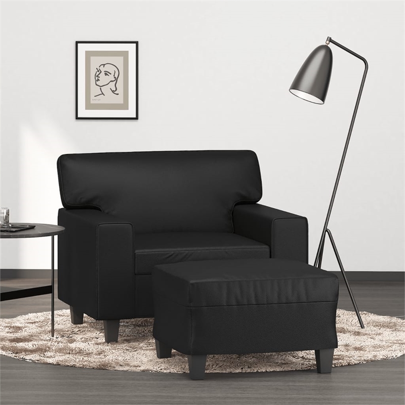 Bowery Hill Single Sofa Chair with Footstool in Black Faux Leather