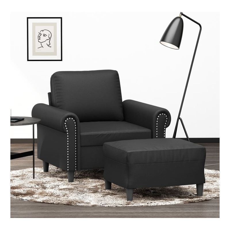 Bowery Hill Contemporary Single Sofa Chair with Footstool in Black