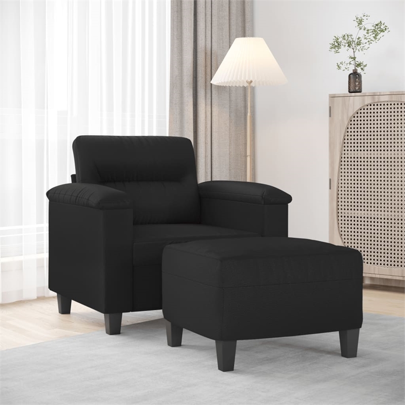 Bowery Hill Single Sofa Chair with Footstool in Black Faux Leather