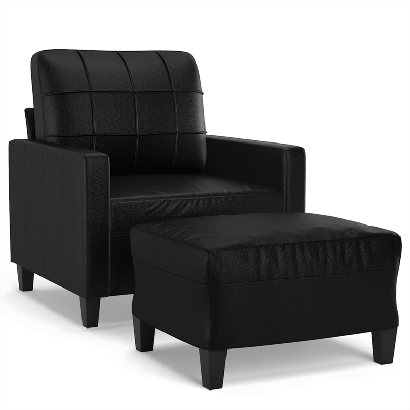 Bowery Hill Single Sofa Chair with Footstool in Black Faux Leather