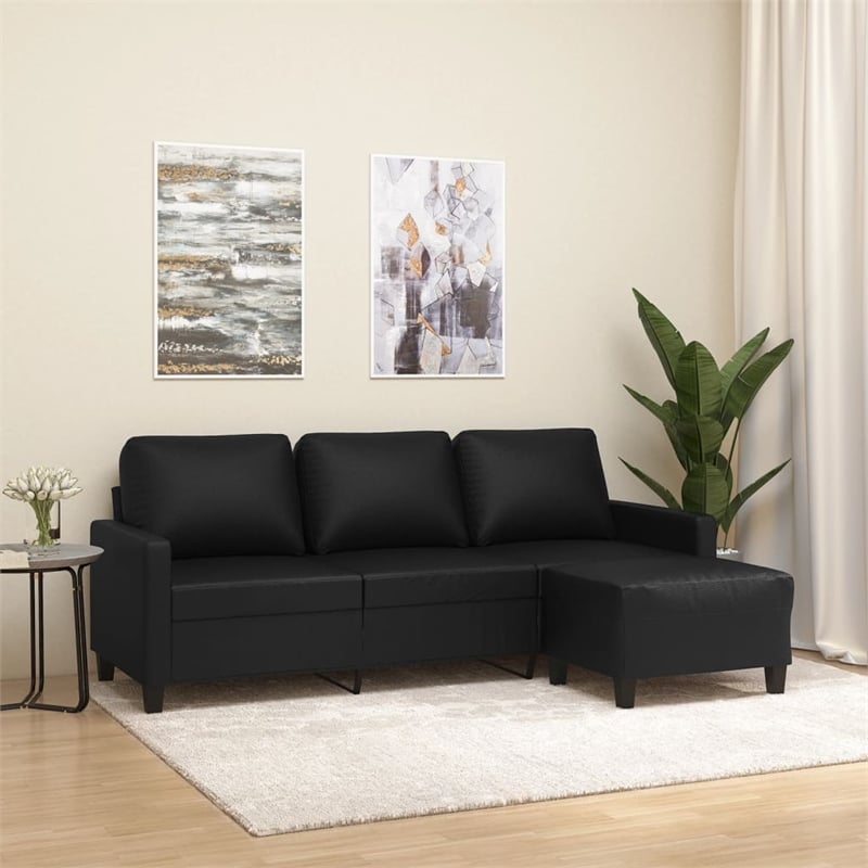 Bowery Hill Contemporary 3-Seater Sofa with Footstool in Black