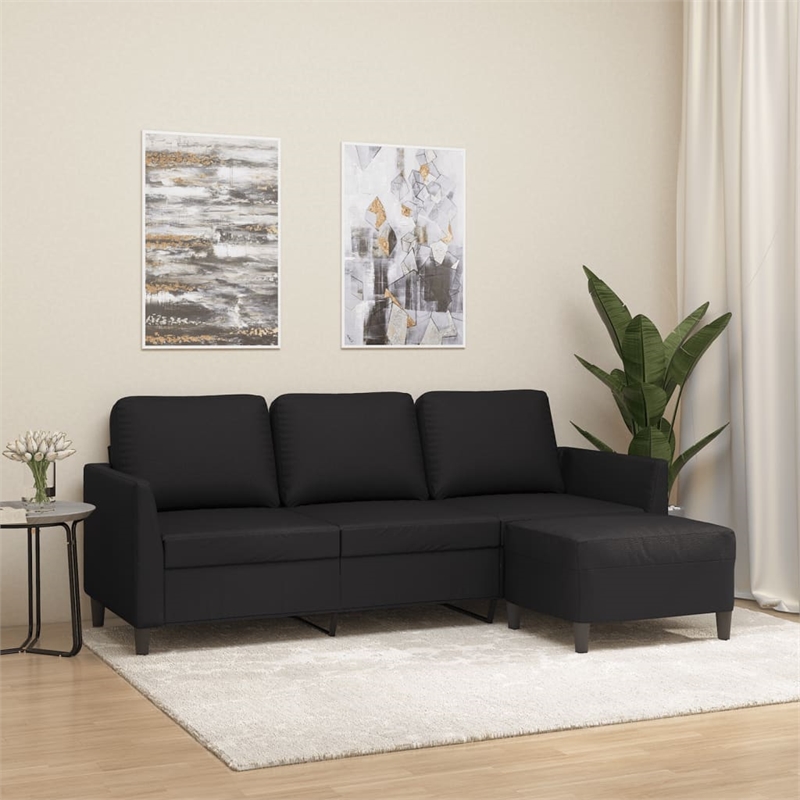 Bowery Hill Contemporary 3-Seater Sofa with Footstool in Black