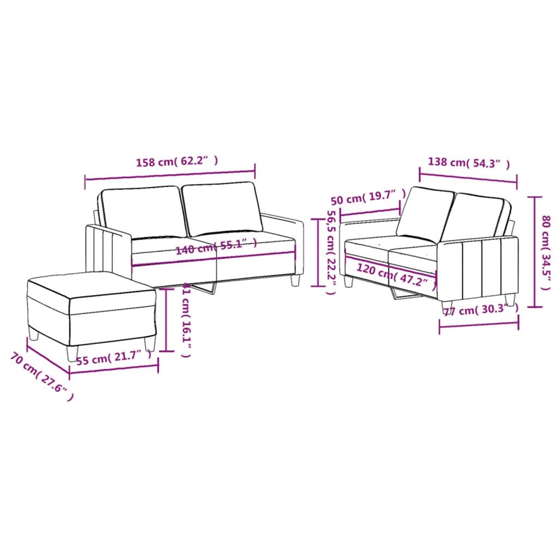 Bowery Hill 3 Piece Sofa Set with Cushions in Dark Gray Fabric