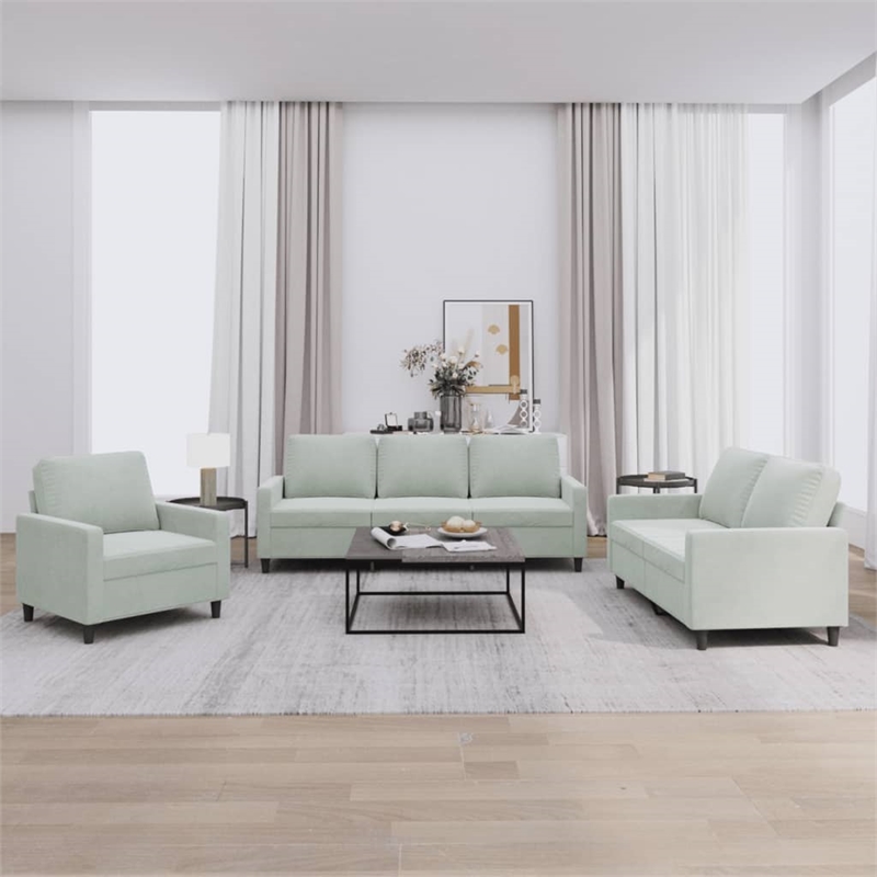 Bowery Hill Contemporary 3-Piece Sofa Set in Light Gray Velvet