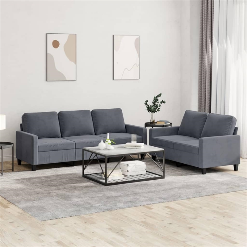 Bowery Hill Contemporary 2 Piece Sofa Set in Dark Gray Velvet