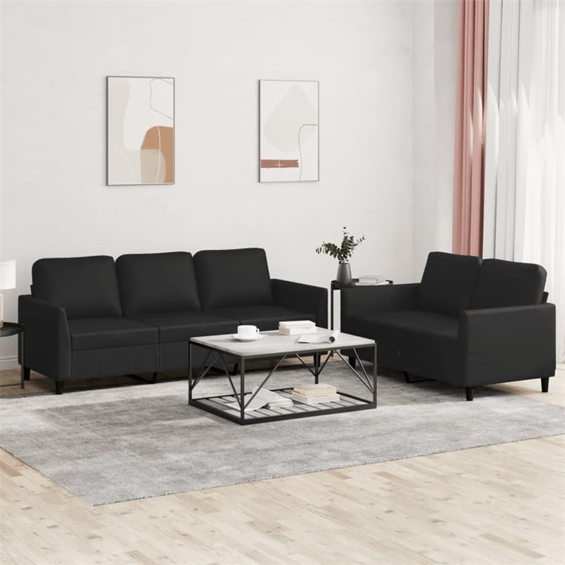 Bowery Hill Contemporary Metal Sofa Set in Black Faux Leather