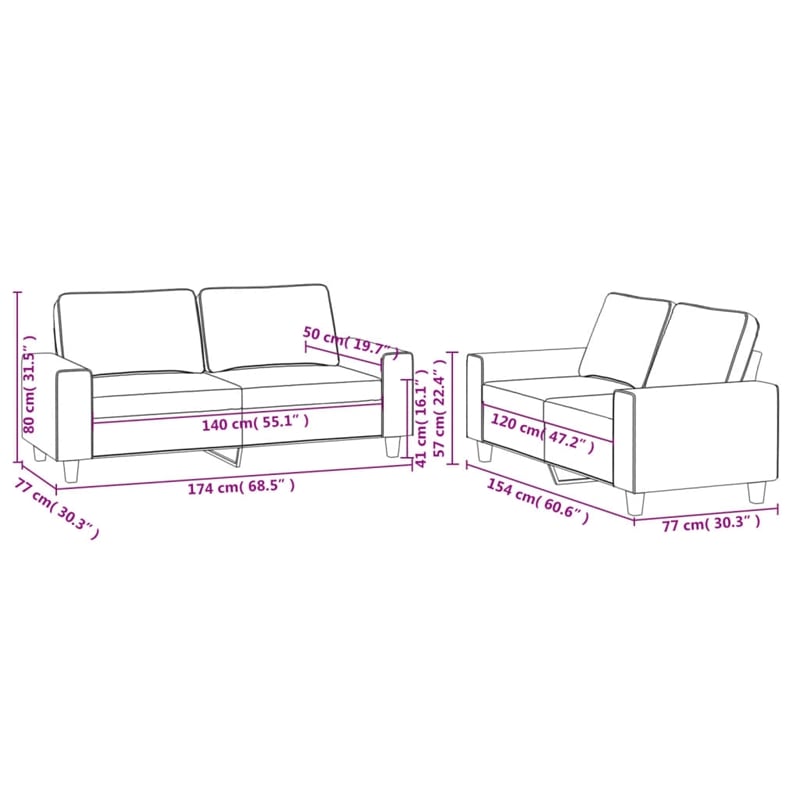 Bowery Hill Contemporary 2 Piece 2 Seater Sofa Set in Dark Gray
