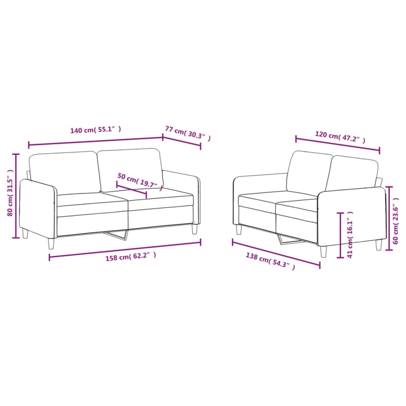 Bowery Hill Contemporary 2 Piece 2 Seater Sofa Set in Light Gray Velvet