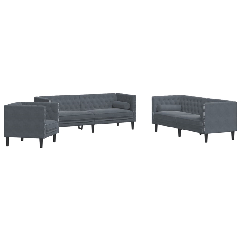 Bowery Hill Contemporary Velvet Chesterfield Sofa Set in Dark Grey