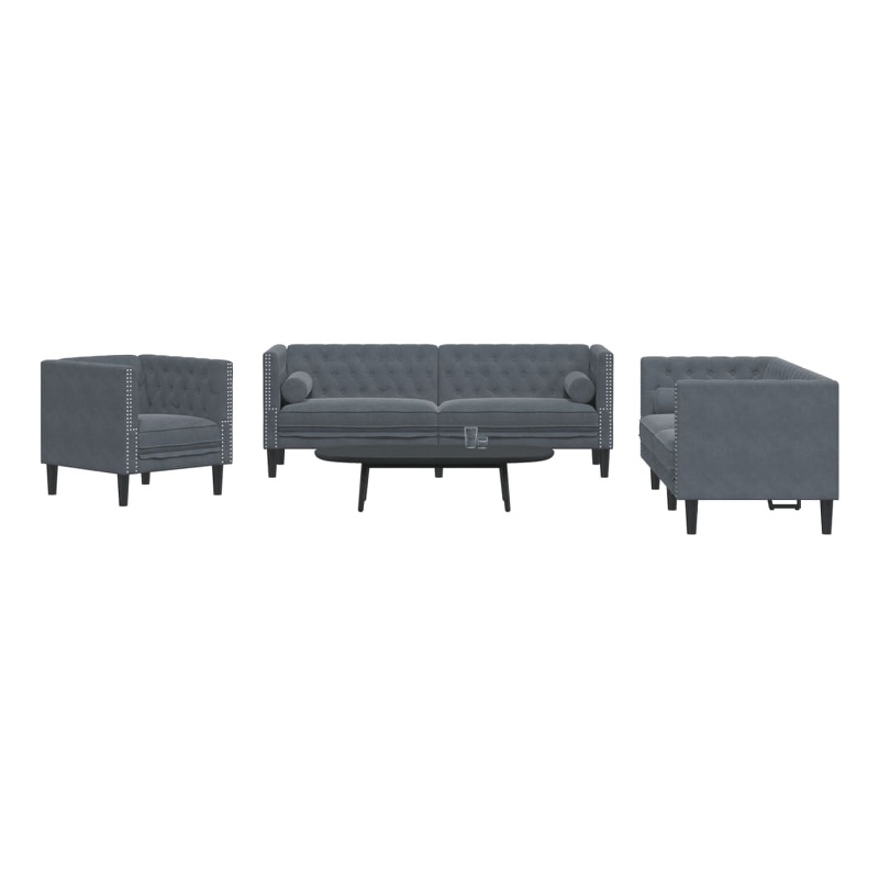 Bowery Hill Contemporary Velvet Chesterfield Sofa Set in Dark Grey