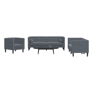 Bowery Hill Contemporary Velvet Chesterfield Sofa Set in Dark Grey