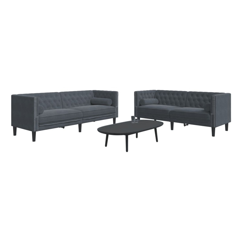 Bowery Hill Wooden Large Chesterfield Sofa Set in Dark Gray Velvet