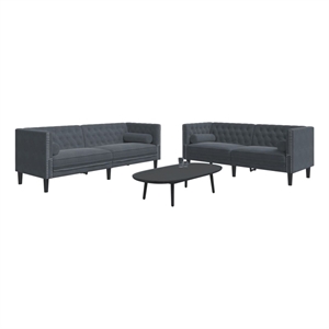 Bowery Hill Wooden Large Chesterfield Sofa Set in Dark Gray Velvet