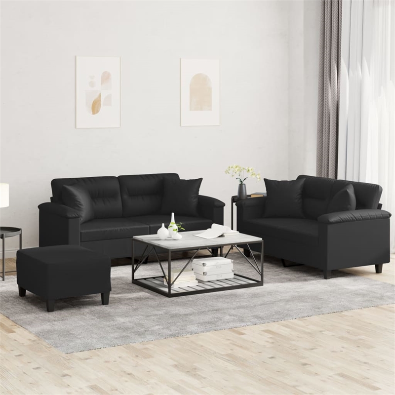 Bowery Hill Contemporary Metal Sofa Set in Black Faux Leather
