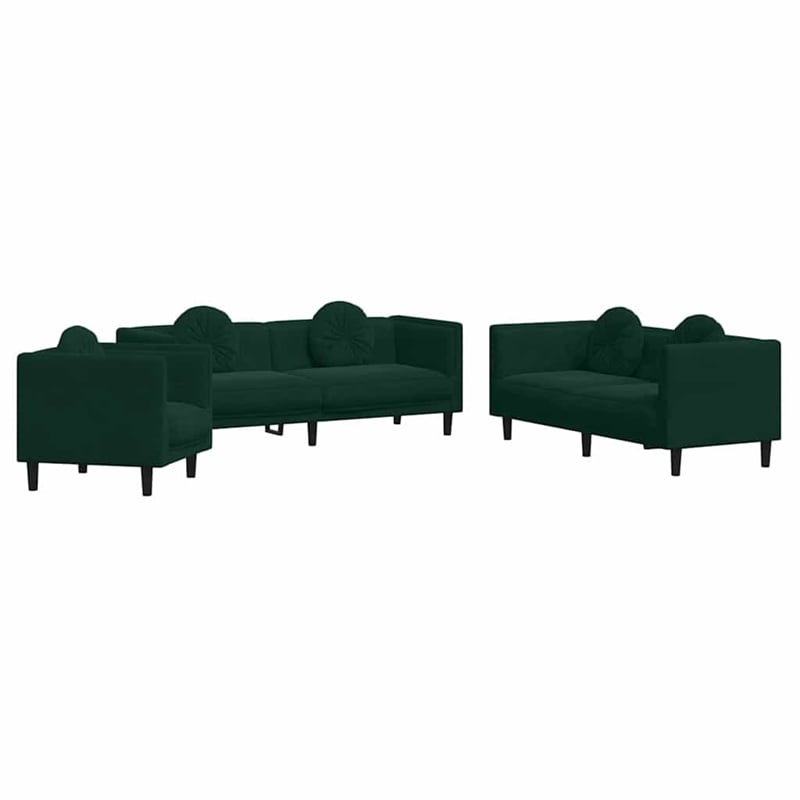 Bowery Hill Contemporary 3 Pieces Sofa Set in Dark Green Velvet