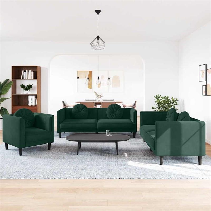 Bowery Hill Contemporary 3 Pieces Sofa Set in Dark Green Velvet