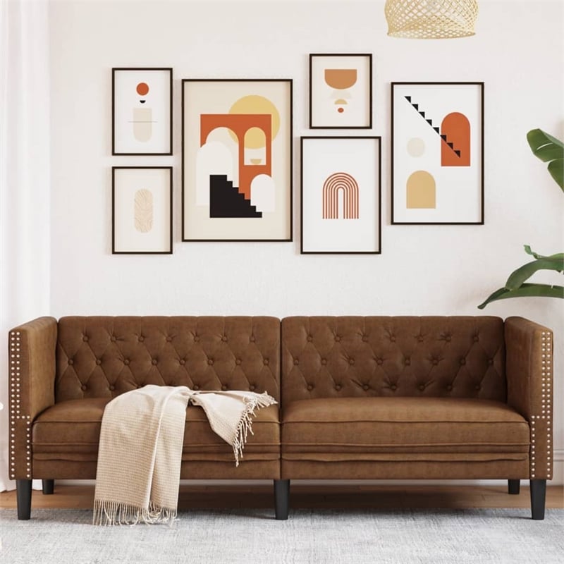Bowery Hill Contemporary Polyester Chesterfield Sofa in Brown