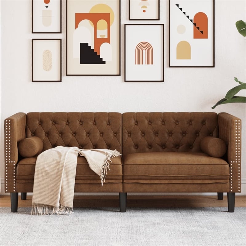 Bowery Hill Contemporary Polyester Chesterfield Sofa in Brown