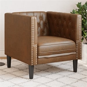 Bowery Hill Chesterfield Single Sofa Chair in Brown Faux Suede Leather