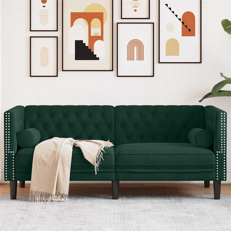 Bowery Hill Contemporary Velvet Chesterfield Sofa in Dark Green