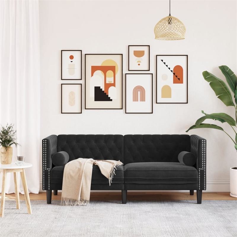 Bowery Hill Contemporary Chesterfield Sofa in Black Polyester Velvet