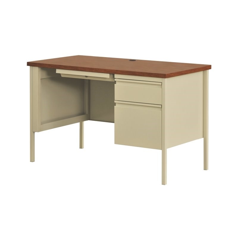 Bowery Hill 24x45 Right Hand Single Pedestal Metal Desk Beige/Oak