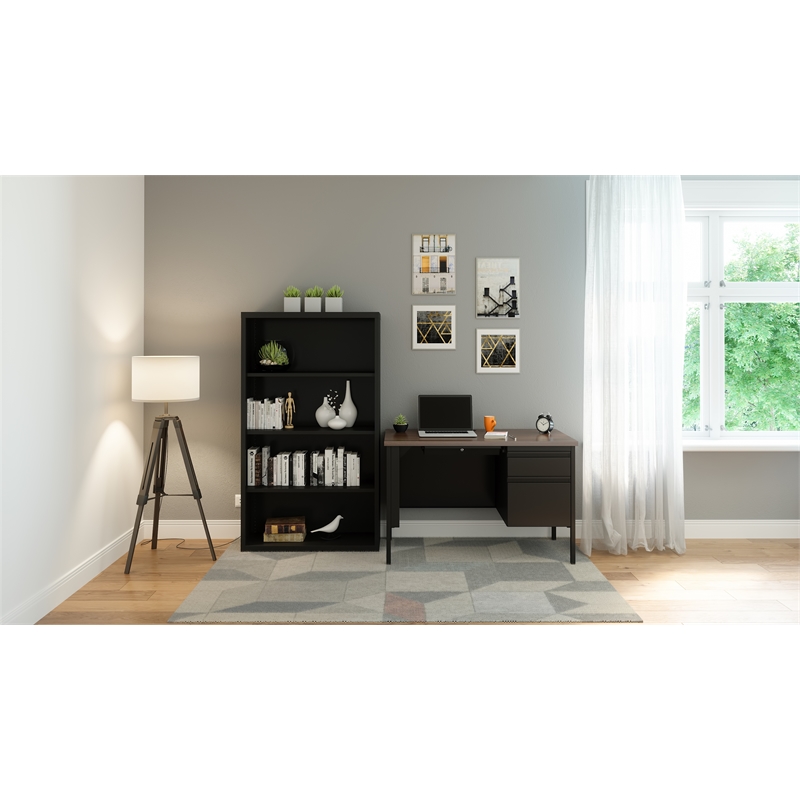 Bowery Hill 24x45 Right Hand Single Pedestal Metal Desk Black/Walnut