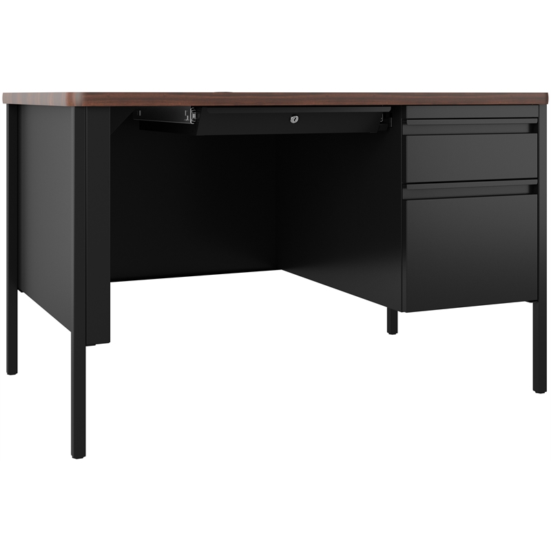 Bowery Hill 30x48 Right Hand Single Pedestal Metal Desk with Top Black/Walnut