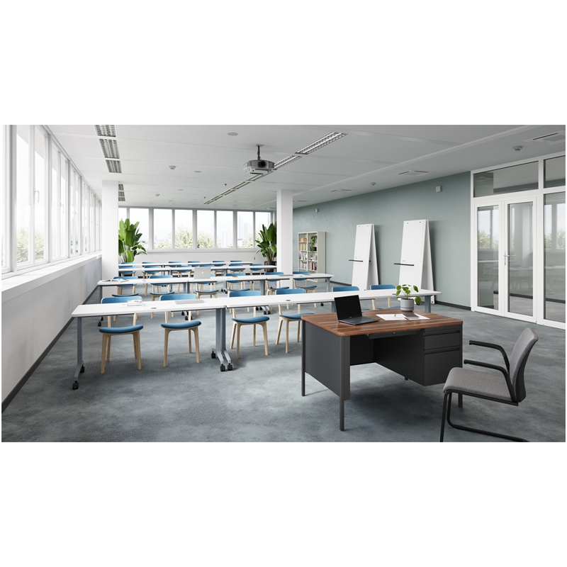 Bowery Hill 30x48 Right Hand Single Pedestal Metal Desk with Top Black/Walnut