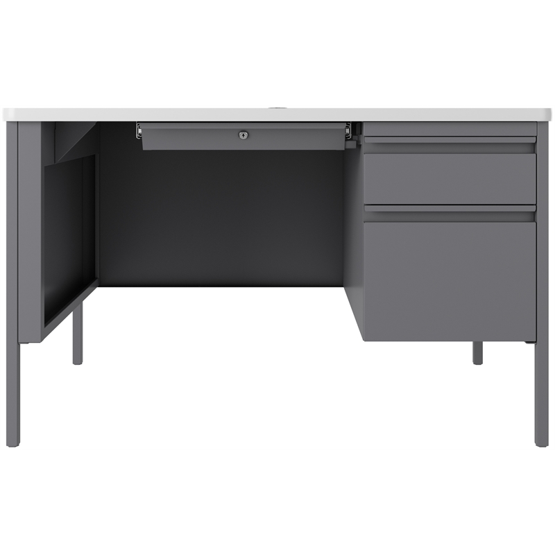 Bowery Hill 30x48 Right Hand Single Pedestal Metal Desk with T Top Silver/White