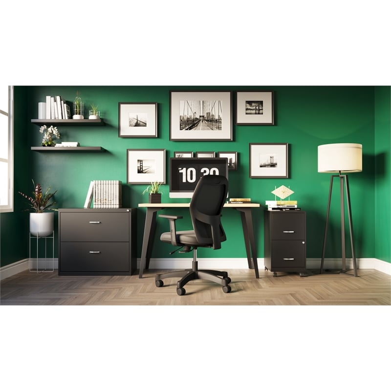 Bowery Hill Set of Black Mesh Back Chair and Desk in Black / Platinum Oak