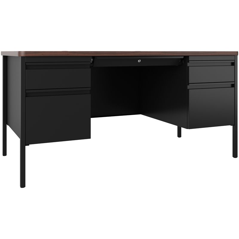 Bowery Hill 30x60 Double Pedestal Metal Desk with T Top Black/Walnut