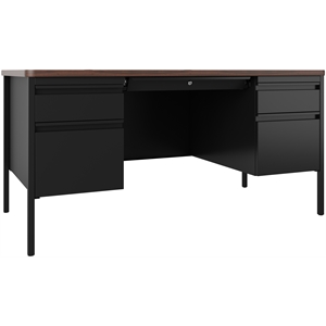Bowery Hill 30x60 Double Pedestal Metal Desk with T Top Black/Walnut