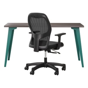 Bowery Hill Set of Black Mesh Back Chair and Desk in Teal / Trail Walnut