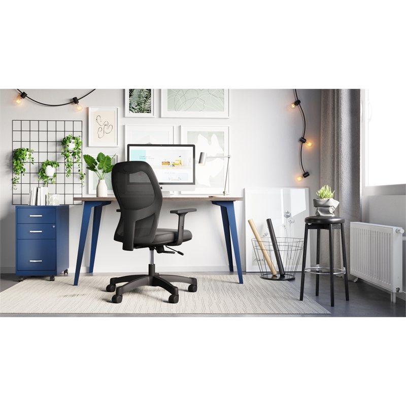 Bowery Hill Set of Black Mesh Back Chair and Desk in Navy Metal / Trail Walnut